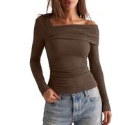 Darong Women's One Off Shoulder Long Sleeve Top Ruched Going Out Tops Slim Fit Y2K Shirt Crop Top, Coffee, L