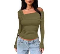 Darong Women's One Off Shoulder Long Sleeve Tops Ruched Going Out Crop Shirts Slim Fit Y2K Tee Blouse, Army Green, M