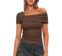 Darong Women's Summer One Off Shoulder Short Sleeve Top Ruched Going Out Tops Slim Fit Y2K Shirt, Coffee, XL