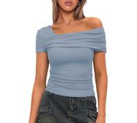 Darong Women's Summer One Off Shoulder Short Sleeve Top Ruched Going Out Tops Slim Fit Y2K Shirt, Grey Blue, S