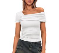 Darong Women's Summer Short Sleeve One Off The Shoulder Top Ruched Going Out Tops Slim Fit Y2K Shirt, White, L