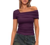 Darong Women's Summer Short Sleeve One Off The Shoulder Top Ruched Going Out Tops Slim Fit Y2K Shirt, Dark Purple, XS