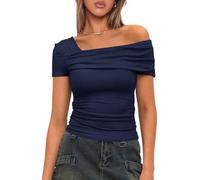 Darong Women's Summer Short Sleeve One Off The Shoulder Top Ruched Going Out Tops Slim Fit Y2K Shirt, Dark Blue, L