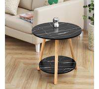 Darphe 2 Tier Black Round Wooden Side Table Natural Wood With Bottom Shelf 50X50X50Cm