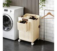 Darphe Cream Foldable Plastic Laundry Basket With Lockable Castors Detachable Side Hanging Basket