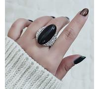 DarryDooly Vintage Big Black Opal Stone Shuttle Rings For Women Size 6 7 8 9 10 Silver Color Ring Wedding Party Jewelry ZD1 SSO