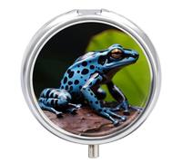 Dart Frog Blue Pill Box 3 Compartment Waterproof Pill Case with Mirror Portable for Purse Pocket Daily Medicine Vitamin Organizer Travel Med Container Holder for Fish Oil Supplements