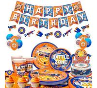 Dart War Party Decorations - 16 Dart War Theme Party Supplies - Happy Birthday Banner, Plates, Cups, Napkins, Tablecloth, Cake Decoration, Balloons