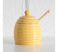 Darthome Beehive Ceramic Honey Storage Pot with Wooden Dipper Jar Container Drizzler (Yellow)