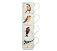 Darthome British Garden Birds Fine China Mugs, Set of 4 Stackable Coffee Cups with Wildlife Illustrations, 300ml, 13x9x8cm
