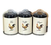 Darthome Cockerel Tea Coffee Sugar Canisters Set Of 3 Black Lids Country Kitchen Decor
