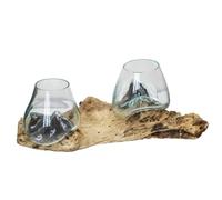 Darthome Double Molten Glass Bowl With Long Teak Root Stand, Rustic Wood Base, W39cm x H22cm x D22cm, Freestanding Indoor Decorative Piece