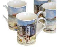 Darthome Fine China Sandy Beach Hut Mugs, Multicoloured, 260ml, Set of 4, Seaside Design, Gift Boxed, Dishwasher Safe (4)