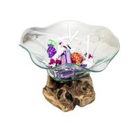 Darthome Flower Shaped Molten Glass Bowl on Teak Root Stand, Aqua Clear, 20cm Decorative Centrepiece, Hand-Blown Glass with Natural Wood Base