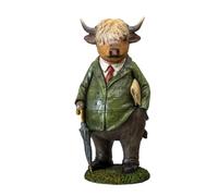 Darthome Gentleman Highland Cow Ornament, Resin, Multicoloured, Dapper Green Tweed Suit, Faux Grass Base, 12x11x28cm, Country Home Decor Gift
