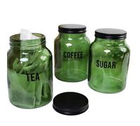 Darthome Glass Tea Coffee Sugar Canisters Retro Green Black Airtight Lids Kitchen Storage