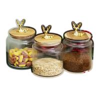 Darthome Gold Reindeer Top Glass Storage Jar 1.1L Ribbed Borosilicate Airtight Acacia Lid Kitchen Pots (1)
