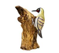 Darthome Hand Carved Teak Root Green Woodpecker Sculpture, Hand Painted Rustic Bird Ornament on Natural Wood Base