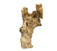 Darthome Hand Carved Teak Wood Tawny Owls Tree Sculpture, Natural Brown Rustic Finish, Freestanding Woodland Ornament, 27cm Height