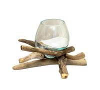 Darthome Handmade Molten Glass Bowl on Driftwood Base, Rustic Teak Root Stand, Natural Brown and Blue, 10cm Bowl, W29 x H14 x D23cm