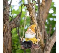 Darthome Hanging Gnome On Swing Statue 9x14x8cm Resin Dwarf Fantasy Novelty Garden Tree Ornament (Yellow)