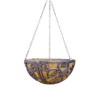Darthome Large Cast Iron Hanging Basket Planter With Coconut Fibre Liner, 30x15x30cm Scroll Heart Lattice Design, Brown