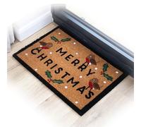 Darthome Merry Christmas Coir Doormat, Natural Brown with Robins and Holly Design, 60 x 40 cm, Latex Backed, Indoor Outdoor, Rectangular Shape, Festive Welcome Mat