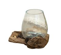 Darthome Molten Crackle Glass Bowl on Teak Root Stand, Rustic Wood Table Centrepiece, Hand Blown Recycled Glass, Aqua Brown, 20x17x17cm