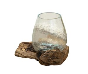 Darthome Molten Crackle Glass Bowl on Teak Root Stand, Rustic Wood Table Centrepiece, Hand Blown Recycled Glass, Aqua Brown, 20x17x17cm