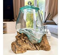 Darthome Molten Glass Jar Teak Root Stand With Lid Wood Decorative Bowl Rustic Ornament
