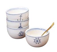 Darthome Nautical Cereal Bowls, Set of 4, White and Blue Stoneware, 675ml, Anchor Lighthouse Sailboat Ship Wheel Maritime Design, Coastal Kitchen Decor