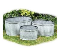 Darthome Oval Galvanised Tub Planters Set Of 3 Metal Ribbed Dolly Garden Drum Barrel Pots