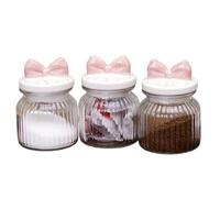 Darthome Pink Bow Ribbed Glass Storage Jars, Set of 3, 680ml, Airtight Ceramic Lids, Clear, for Tea, Coffee, Sugar