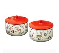 Darthome Set Of 2 Christmas Patterned Storage Jars Ceramic Xmas Reindeer Berry Red Lids