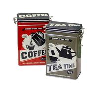 Darthome Set of 2 Retro Café Tea and Coffee Storage Tins, Metal, Red and Green Airtight Clip Clasp Canisters, W12cm x H18.5cm x D7cm