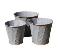 Darthome Set of 3 Galvanised Metal Planters with Copper Rolled Rim, Grey, Corrugated Pattern, Tapered, for Outdoor Plants, Shrubs and Small Trees