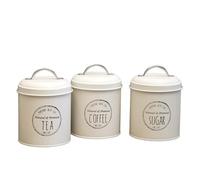 Darthome Set Of 3 Matt Tea Coffee Sugar Canisters 11x16cm Metal Handled Lid Kitchen Storage Jars (Cream)