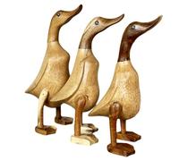 Darthome Set Of 3 Teak Duck Sculptures Brown Smooth Standing Wood Bird Family Ornaments
