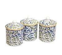 Darthome Set Of 3 William Morris Willow Bough Fine China Ceramic Storage Jars, White, Blue & Green, Airtight Lids, 11x16cm