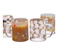 Darthome Set of 4 Floral Glass Mugs, Clear, 420ml, Daisy and Multi-Colour Botanical Designs, for Tea, Coffee and Everyday Use