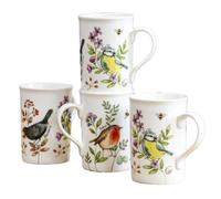 Darthome Set of 4 Garden British Birds Fine China Mugs, Robin, Blue Tit & Blackbird Floral Design, 300ml, Dishwasher Safe