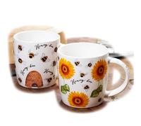 Darthome Set of 4 Honey Bee Mugs Fine China 350ml Sunflower Bumblebee Hive Coffee Cups