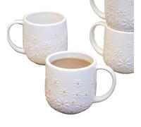Darthome Set of 4 White Daisy Mugs 360ml Ceramic Embossed Flower Hand Painted Coffee Cups