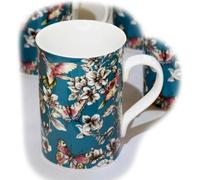 Darthome Set of 6 Teal Floral Hummingbird Mugs 300ml Fine China Blue Hot Coffee Tea Cups (6)