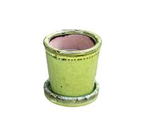 Darthome Small Green Glazed Ceramic Plant Pot With Matching Saucer, 12cm x 12cm x 12cm, Olive Green, Indoor/Outdoor, Drainage Hole Included