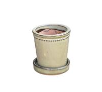 Darthome Small Grey Glazed Ceramic Plant Pot With Matching Saucer 12cm x 12cm x 12cm, Olive Green, Indoor/Outdoor, Drainage Hole Included