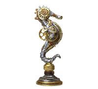 Darthome Steampunk Mechanical Seahorse Ornament, Resin, Clockwork Cogs and Gears, Metallic Silver and Bronze Finish, Industrial Gothic Nautical Sculpture