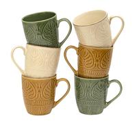 Darthome Stoneware Mugs Set of 6, Embossed Botanical Leaf Pattern, Green White Mustard, 390ml Capacity, Microwave and Dishwasher Safe
