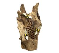 Darthome Teak Root Bee Hotel Sculpture with 3 Hand Painted Bumblebees, Natural Wood Honeycomb Ornament, Rustic Woodland Decor, 30cm Height