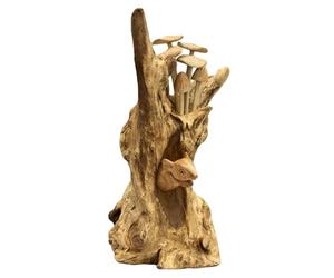 Darthome Teak Root Hiding Mouse in Mushroom Sculpture, Rustic Woodland Wood Ornament, Hand Carved Natural Brown Decor, 16x27x12cm
